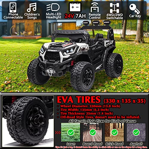 sopbost 4x4 Ride On Buggy 24V 5MPH Ride On Toys with Remote Control Battery Powered Kids Electric Car Off-Road Vehicles Side by Side UTV, Music Play, White