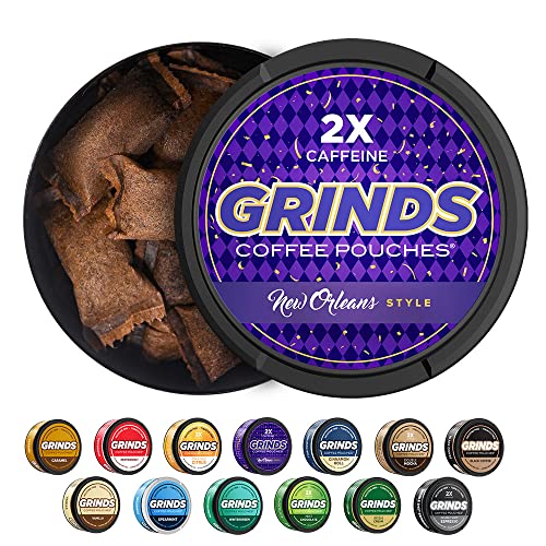 Grinds Coffee Pouches | 3 Cans of New Orleans | Made in the USA | Tobacco Free, Nicotine Free Healthy Alternative | 18 Pouches Per Can | 2x Caffeine 1 Pouch eq. 1/2 Cup of Coffee (New Orleans)