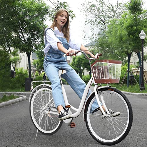 perfectbot 26 inch Complete Cruiser Bikes for Women, Single Speed Comfortable Womens Bike with Baskets, Classic Bicycle Retro, Bicycle Beach Cruiser Bicycle Retro Bicycle (White)