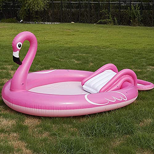Posch Sports 3-in-1 Flamingo Inflatable Kiddie Pool 96.5" X 62" X 37"& Water Slide & Splash Sprayer Sprinkler for Babies and Toddlers, Outdoor Backyard Summer Swimming Pool