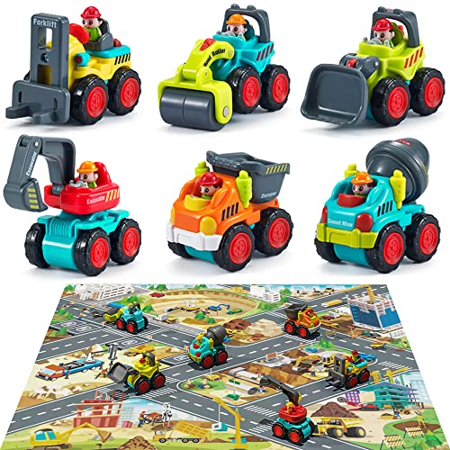 iPlay, iLearn Toddler Construction Toy Trucks, Baby Mini Push Go Cars W/Playmat, Kid Pocket Construction Vehicles, Excavator Dump Bulldozer, Birthday Gifts for 6 9 12 18 Month 1 2 3 Year Old Boy