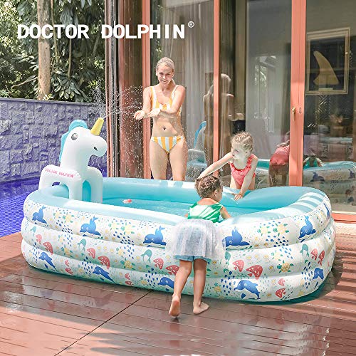 Doctor Dolphin Inflatable Swim Pool for Kids, 94.5" X 65" X 24" Blow up Pool for Kiddie, Indoor & Outdoor Backyard Ball Pit, Pool with Mini Unicorn Spray