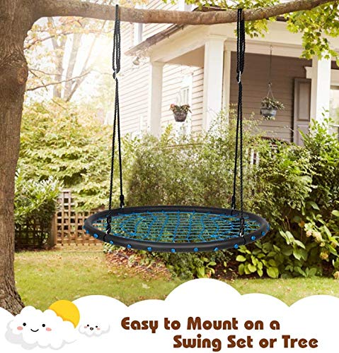 Costzon 40'' Spider Web Tree Swing Set, Kids Outdoor Round Net Swing Platform Rope Swing with Adjustable Hanging Ropes and Durable Steel Frame, Great for Park Backyard (40'', Web Swing, Blue)