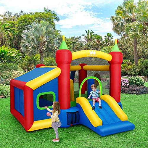 Inflatable Bounce House with Bounce Trampoline,Basketball Rim,Dart Target, Mystery House and Football Play Area,Suitable for Children Indoor or Outdoor Playhouse ,Without Blower