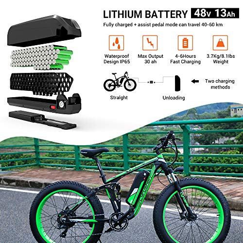 Cyrusher XF800 750W Electric Bike 26 * 4 Inch Fat Tire Mountain Ebikes 7 Speeds Snow Beach Electric Bicycles with 13ah Battery (Green)