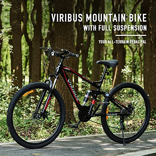 Viribus Adult Mountain Bike, 21 Speed 26 Inch All Terrain Bicycle with Aluminum Frame, MTB with Full Suspension Dual Disc Brakes Adjustable Seat More, On or Offroad Bike for Men and Women