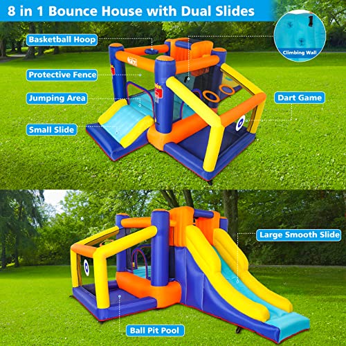 Naice Inflatable Bounce House, Indoors Outdoor Inflatable Bouncers, Slide Bouncer, Jumper Bounce House with 2 Slides, Climbing Wall, Ball Pit House, Perfect for Toddlers, Kids, Children