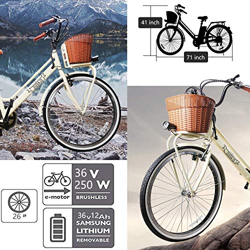 NAKTO Electric Bike for Adults 26" 350W Electric Bicycle for Man Women High Speed Brushless Gear Motor 6-Speed Gear Speed E-Bike with Removable Waterproof 36V12.5A Lithium Battery and Charger