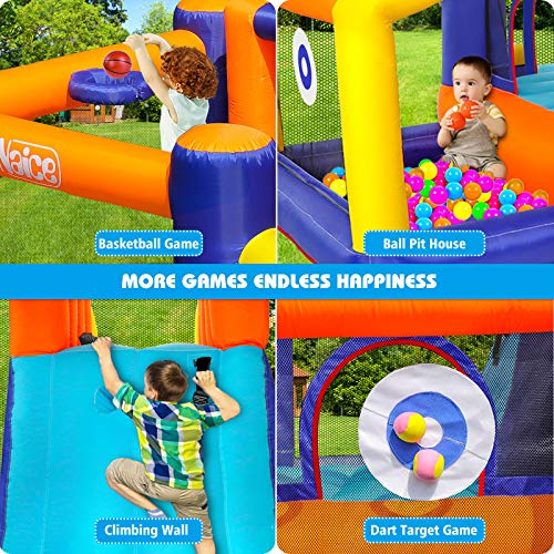 Naice Inflatable Bounce House, Indoors Outdoor Inflatable Bouncers, Slide Bouncer, Jumper Bounce House with 2 Slides, Climbing Wall, Ball Pit House, Perfect for Toddlers, Kids, Children