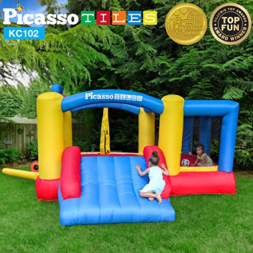 PicassoTiles [Upgrade Version] KC102 12x10 Foot Inflatable Bouncer Jumping Bouncing House, Jump Slide, Dunk Playhouse w/ Basketball Rim, 4 Sports Balls, Full-Size Entry, 580W ETL Certified Blower
