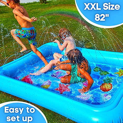 Splashie Splash Pool with Sprinkler System and Protective Sunglasses - Splash Pads for Toddlers and Kids Age 1-12 - Summer and Water Toys - Inflatable Sprinkler Mat for Outdoor Play - 82" XXL (Blue)