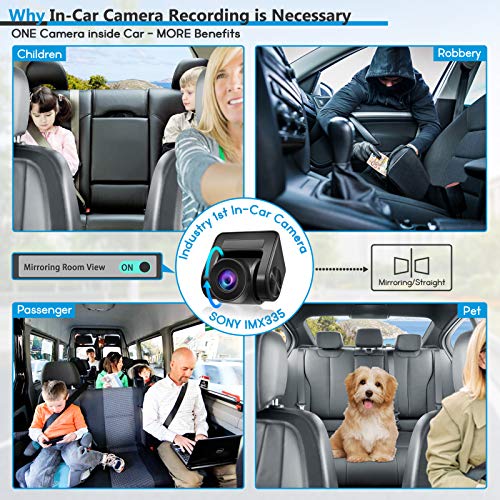 PORMIDO Triple Mirror Dash Cam 12" with Detached Front and in-Car Camera,Waterproof Backup Rear View Dashcam Anti Glare 1296P IPS Touch Screen with Sony Sensor,Starvis Night Vision,GPS,Parking Assist