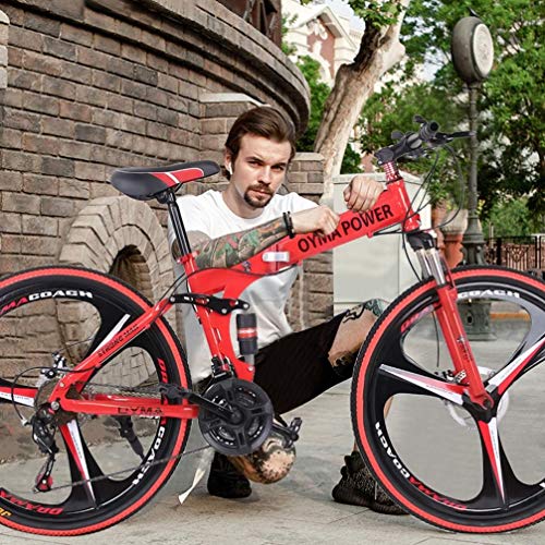 Kusou 26 inch Folding Mountain Bike Foldable Road Bikes 21 Speed Full Suspension MTB Red Bicycle Double Disc Brake Shimanos High Carbon Steel Sports Wheels for Adults Teens Men Women