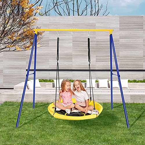 Costzon 550lbs Swing Frame Stand with 40'' Saucer Swing, A-Frame Swing Sets for Backyard All Weather w/Ground Stakes and Adjustable Ropes, Great for Indoor Outdoor Kids (Swing Frame with Nest Swing)