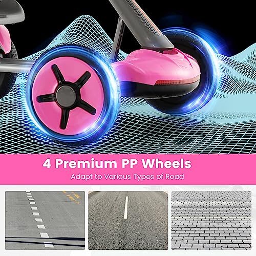 Costzon Ride on Car, 12V Go Kart for Kids with Adjustable Steering Wheels & Seat, Flashing LED Lights, Folding Design, Battery Powered Ride On Pedal Car Toy for Boys & Girls (Pink)