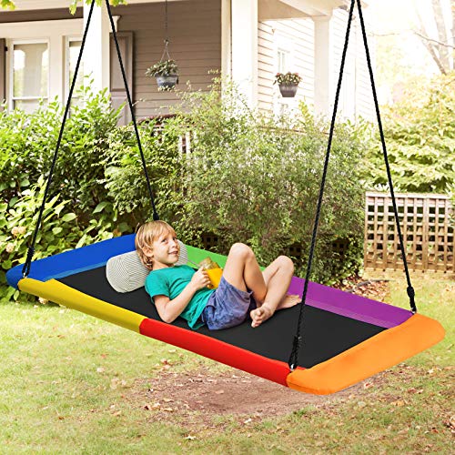 Costzon 700lb Giant 60'' Platform Saucer Tree Swing Set for Kids and Adult, Wear- Resistant Indoor/Outdoor Rectangle Swing w/ Durable Steel Frame and 2 Hanging Straps for Porch, Backyard (Rainbow)