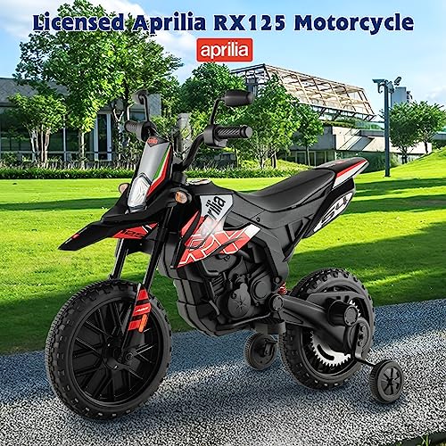 OLAKIDS Kids Motorcycle, Licensed Aprilia RX125 12V Ride on Electric Dirt Bike with Training Wheels, Spring Suspension, Battery Powered Off Road Motorbike Toy with 2 Speeds, Bluetooth, Lights (Red)