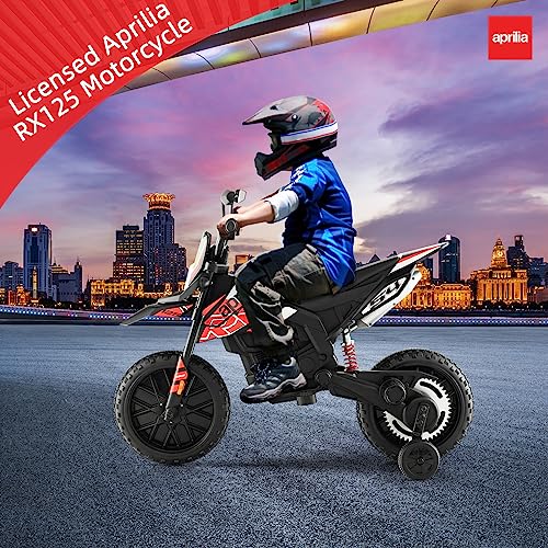 INFANS Kids Motorcycle 12V, Licensed Aprilia RX125 Electric Ride on Motorbike for Toddlers with Training Wheels, Spring Suspension, Headlight, Music, Children Ages 3-8 (Red)