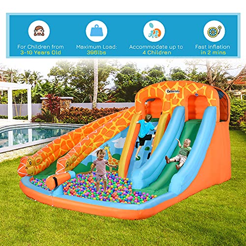 Outsunny Giraffe Style Kids Water Slide 4 in 1 Inflatable Bounce House Slide Pool Gun Climbing Wall with Air Blower for Summer Playland