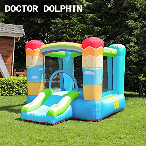 Doctor Dolphin Inflatable Bouncy House - Bounce Castle for Kids Jumping Slide House with Air Blower (Hot Air Balloon & Rainbow Theme)