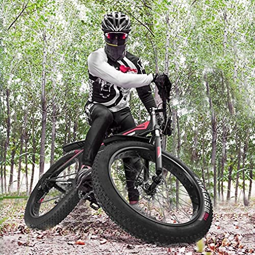 Fat Tire Mountain Bike for Men and Women, 26-Inch Wheels, 7-Speed, 4-Inch Wide Tires, Front and Rear Disc Brakes, Full Suspension Cruiser Outroad Bycicles MTB for Adult Teens Kids Youth (Black-RED)