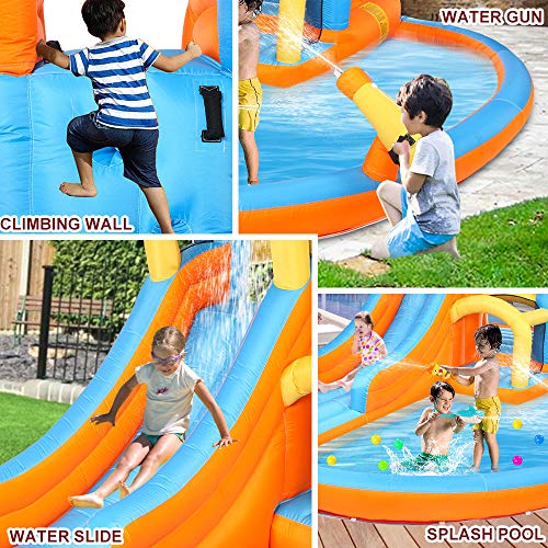 JOYMOR 5-in-1 Inflatable Water Slide Park, Bounce House w/Air Blower, Climbing Wall, Double Jump Area , Splash Pool, Water Gun, Water Slide Castle Outdoor Backyard Playhouse for Little Kids