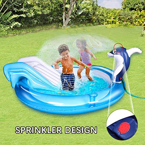 YAPASPT Sliding Inflatable Play Center, Blow Up Kiddie Lounge Swimming Pool, 4 in 1 Splash Pad Inflatable Sprinkler Pool with Slide Dolphin Spray Water Sprinkler 72.8in