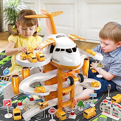 TEMI Kids Airplane Toys Race Track Car Toys for 3 4 5 6 7 Boys - Transport Plane Adventure Car Toys for Toddler Age 2-6 with 8 Construction Car, Garage Parking Lot Playmat, Birthday Gift for Girl