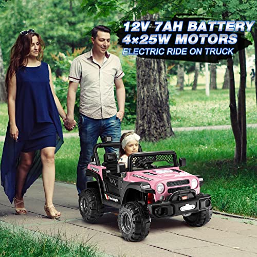 TEOAYEAH 4WD Electric Car for Kids, 12V Battery Powered Wheels with Manual/Parent Control, Seatbelt, Spring Suspension, Storage Trunk, Wireless Music/USB