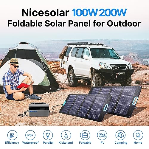 Nicesolar 200W Bifacial Portable Solar Panel Kit for Portable Power Station Generator, 200 Watt Foldable Solar Panel Charger USB PD 65W for Laptop Cell Phones Tablets Camera Outdoor Camping Van RV