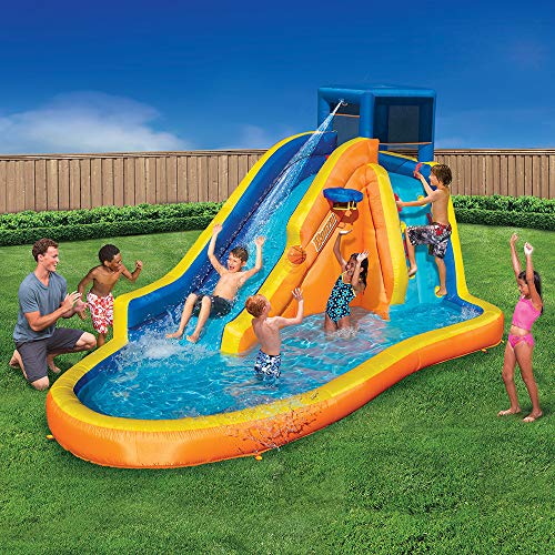 Inflatable Water Slide - Huge Kids Pool (14 Feet Long by 8 Feet High) with Built in Sprinkler Wave and Basketball Hoop - Heavy Duty Outdoor Aqua Blast Lagoon - Blower Included