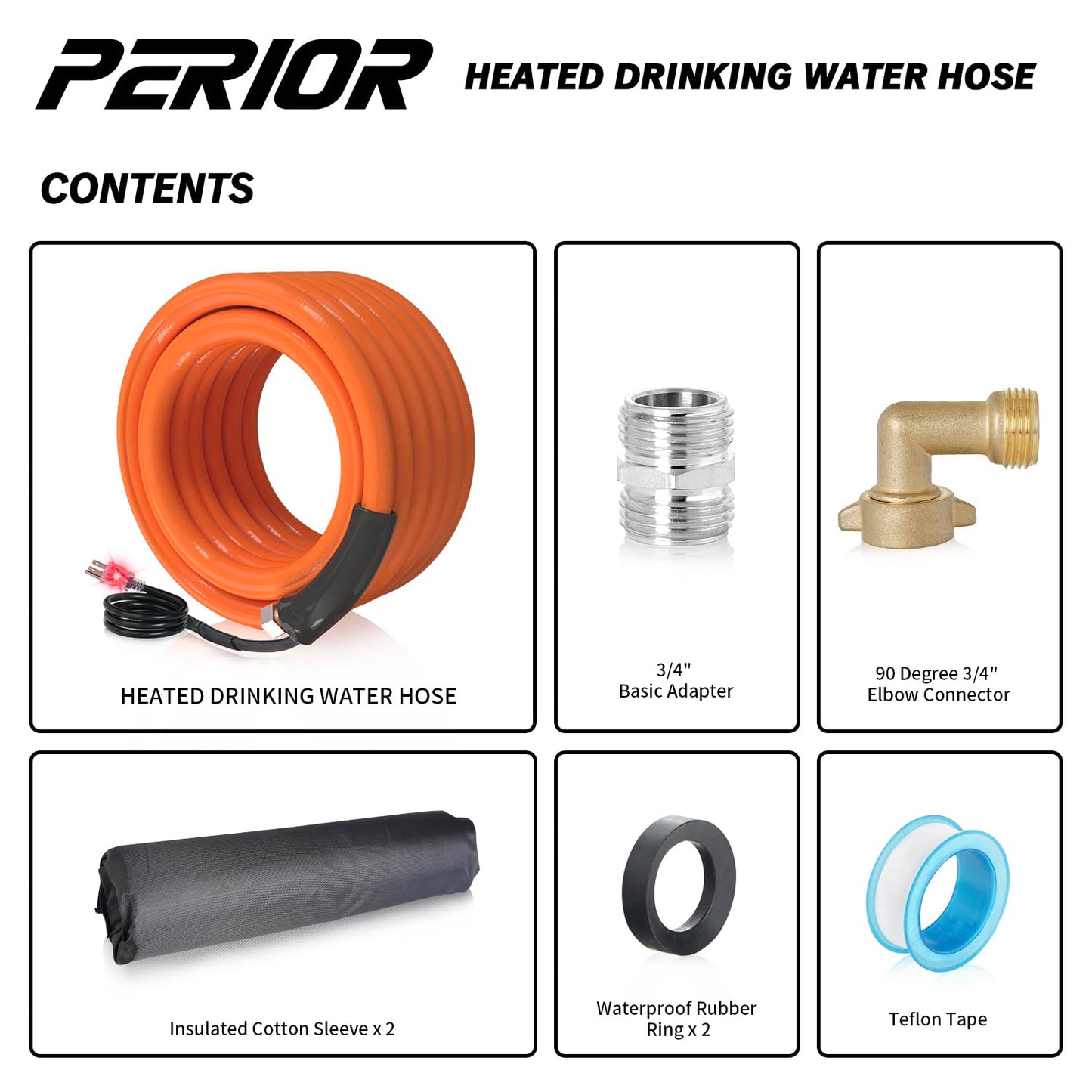 PERIOR Heated Water hose, 50FT | 5/8" Inner Diameter with Outdoor Water Line Freeze Protection, RV Drinking Hose -40°F with Self-Regulating Thermostat and BPA Free, Energy Saving