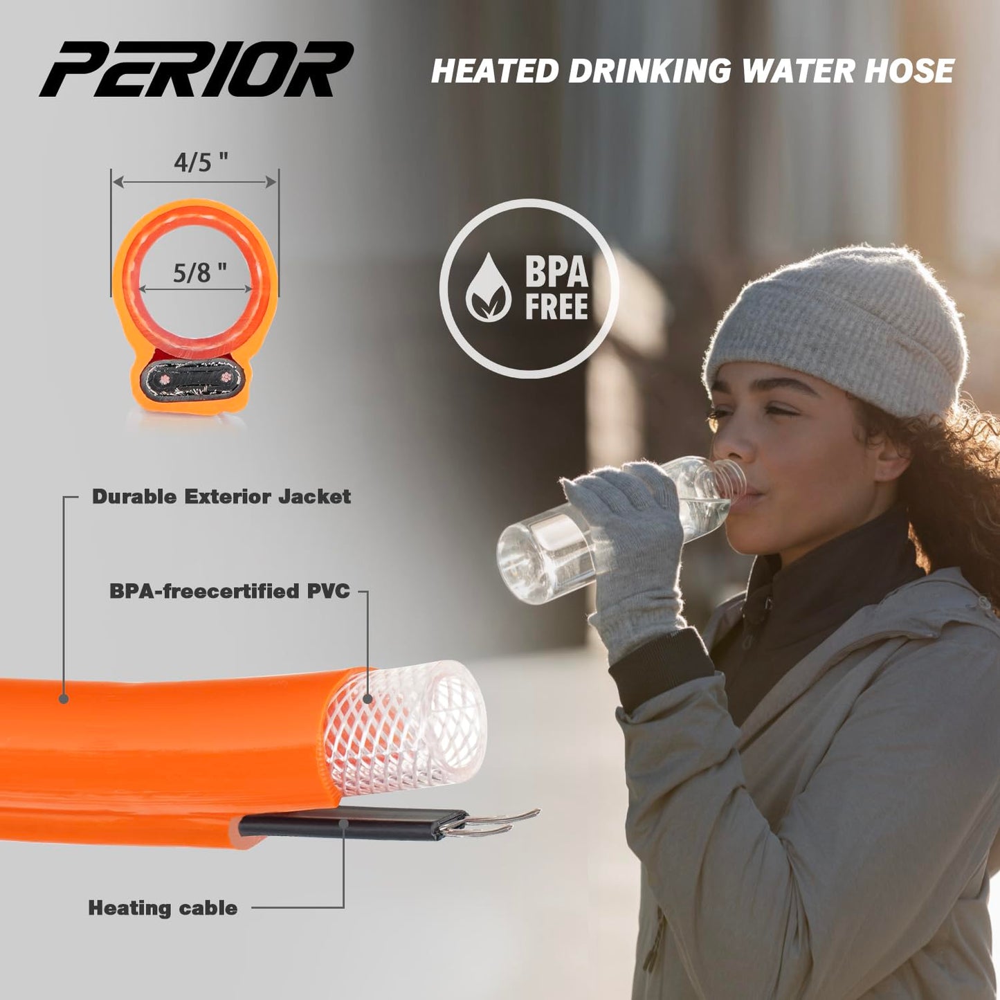 PERIOR Heated Water hose, 50FT | 5/8" Inner Diameter with Outdoor Water Line Freeze Protection, RV Drinking Hose -40°F with Self-Regulating Thermostat and BPA Free, Energy Saving